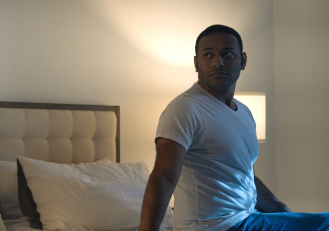 Sad offended African American woman wife feeling bad about breakup problem relationship trouble with erectile dysfunction man husband touch female calming lady walk away couple family on bed at night. High quality 4k footage